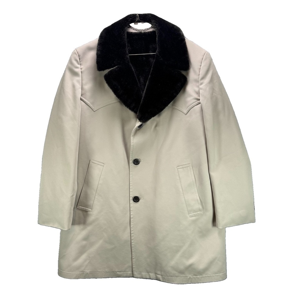 Vintage Crownwear Overcoat Mens 42R Faux Fur Lined Trench Coat Mod Retro Mad Men